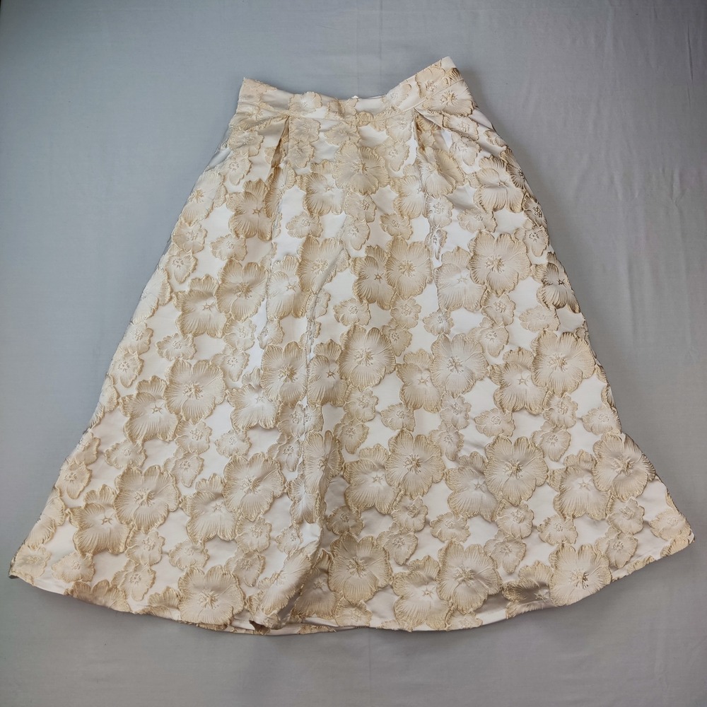 Chicwish Skirt Womens Medium Cream Gold Floral Jacquard Midi A-Line Pleated 3D